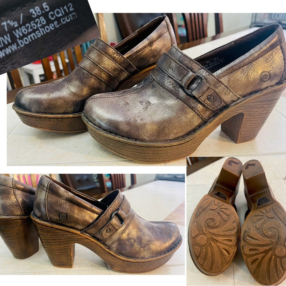 Born metallic Women's Distressed Leather Mules size 7.5/38.5